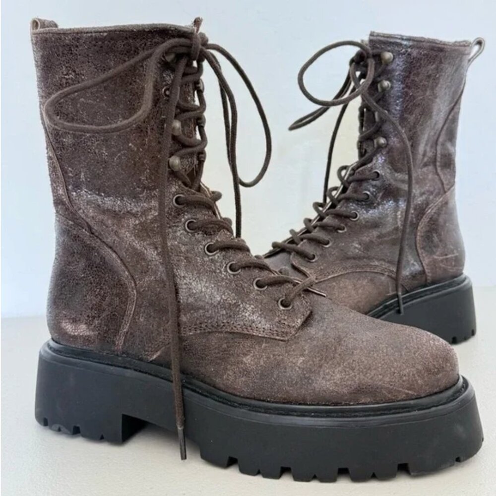 Steve Madden Womens Rowen Brown Distressed Leather Combat Lace-Up Boots